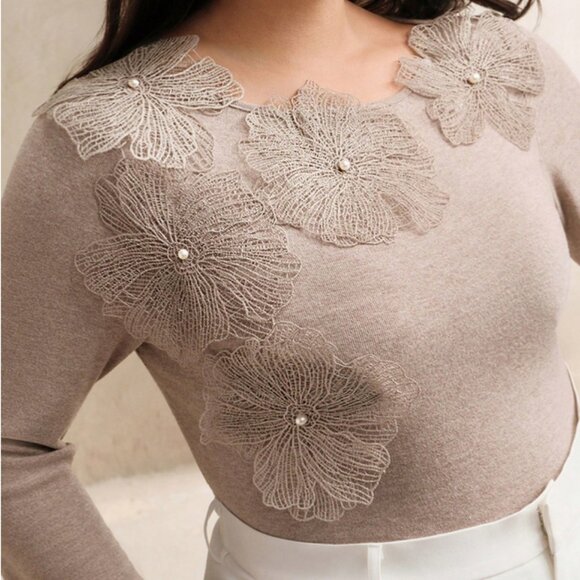 Anewsta Plus Size 14 1XL Khaki Solid 3D Flower Long Sleeve Blouse Top Shirt - Picture 1 of 6